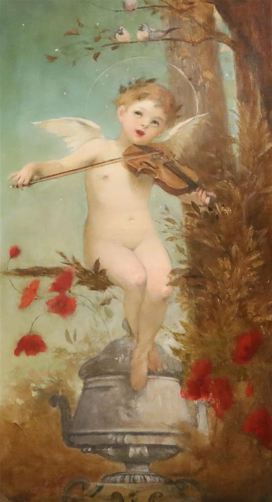 Viennese School c.1900 Cherub playing a violin 41 x 20.5in., ornate gilt gesso frame